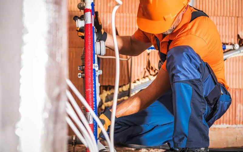 A plumber fitting new water supply lines against a bare wall