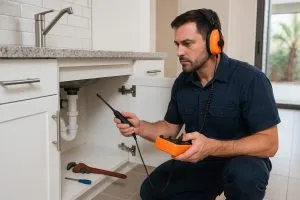A technician using acoustic listening equipment under a sink